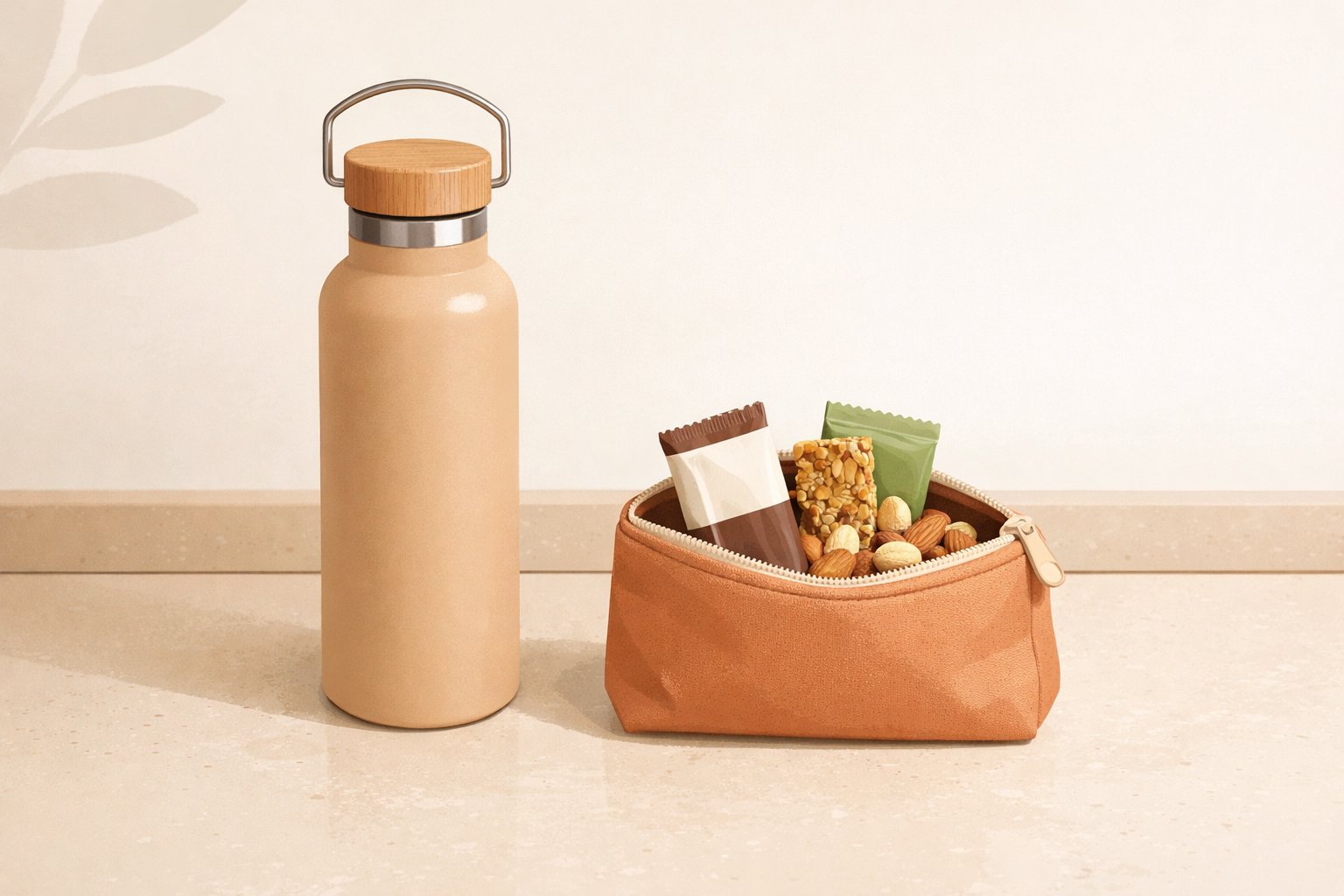Water bottle and a small snack pouch prepared for packing.