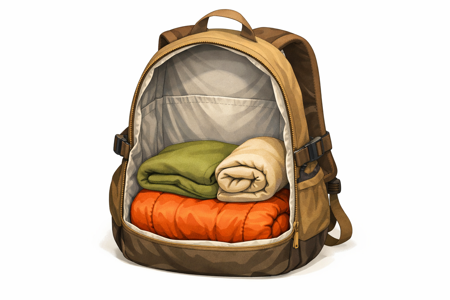 Soft towel and spare socks packed at the bottom of the backpack to create a cushioned base.