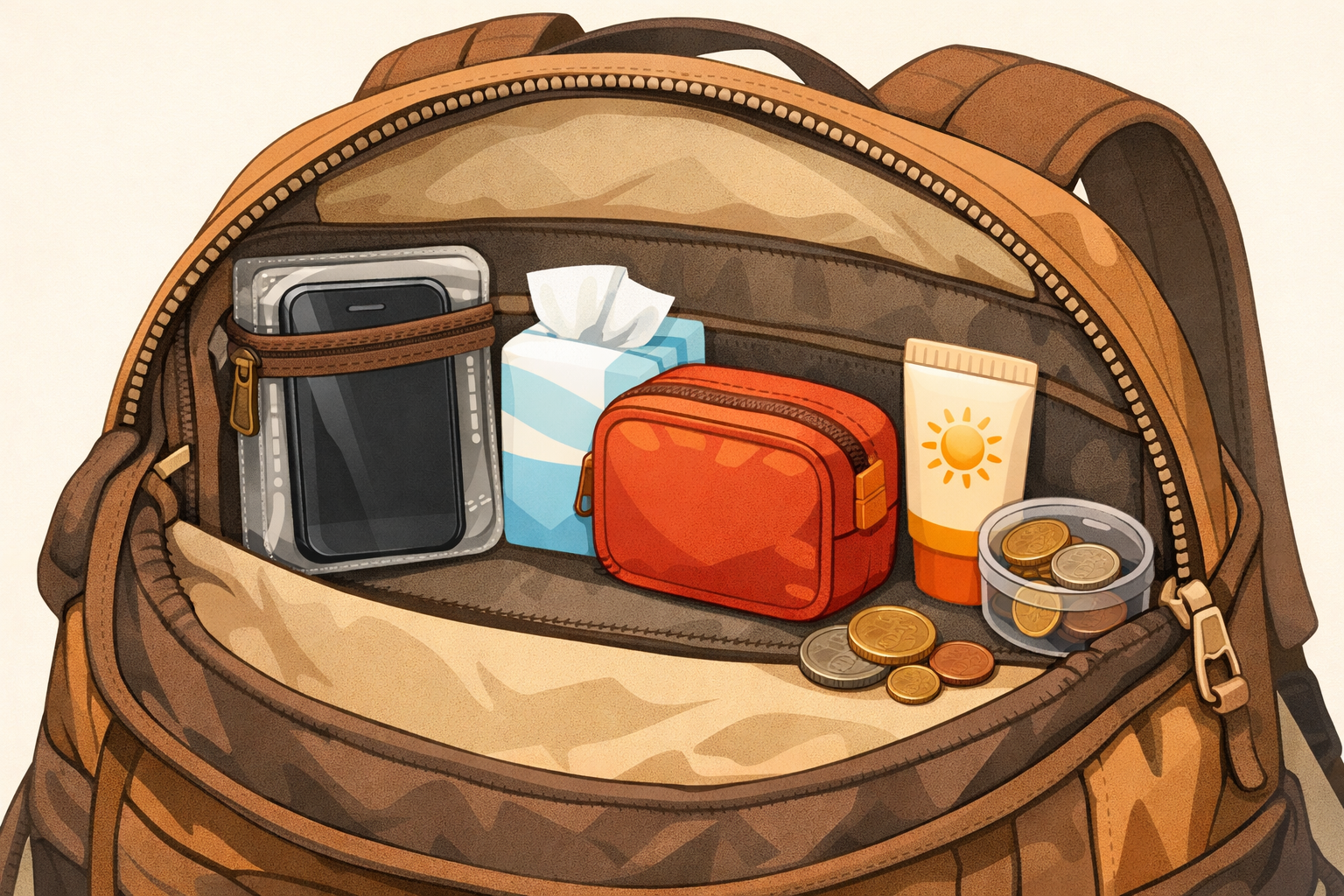 Small essentials organized in the pack’s top pocket for quick access.