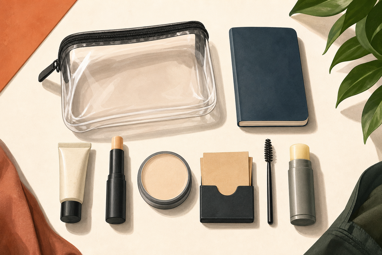 Illustration of six compact grooming items arranged beside a clear zip pouch on a flat surface.