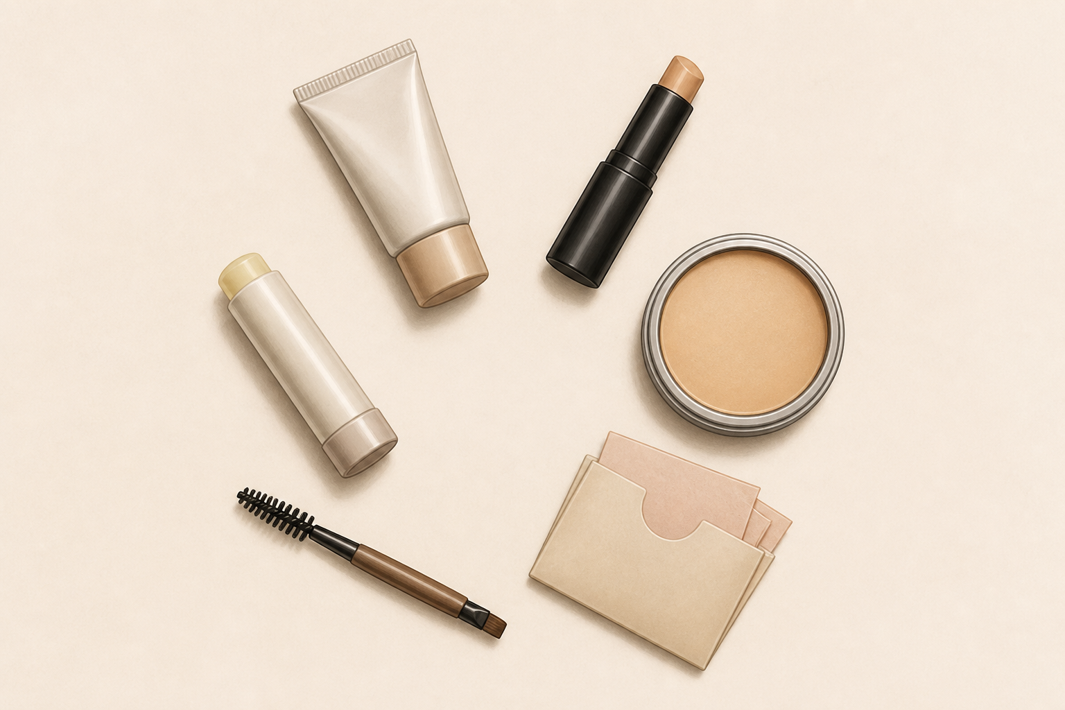 Overhead drawing of six compact grooming items arranged in a circle on a neutral background.