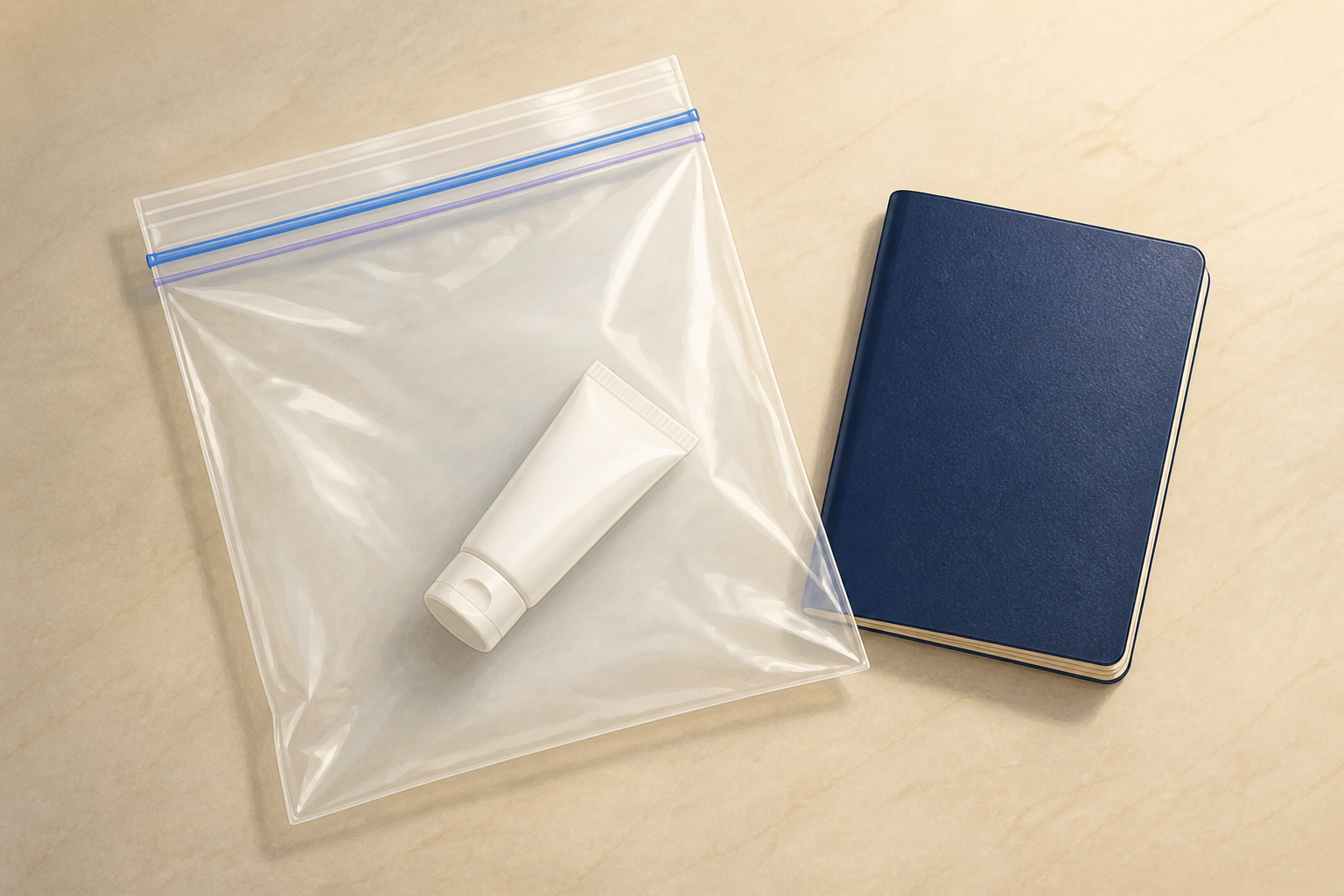 Illustration of a clear 1-quart zip bag with a small tube inside and a passport beside it.