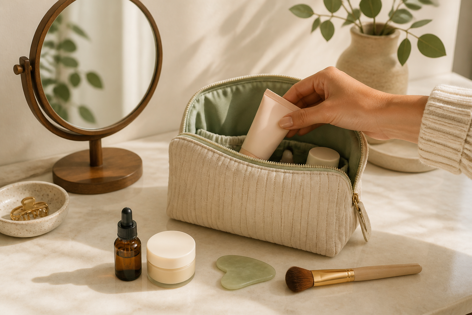 Illustration of a small mirror on a counter with the pouch open and items laid out, a hand reaching in to grab a tube.