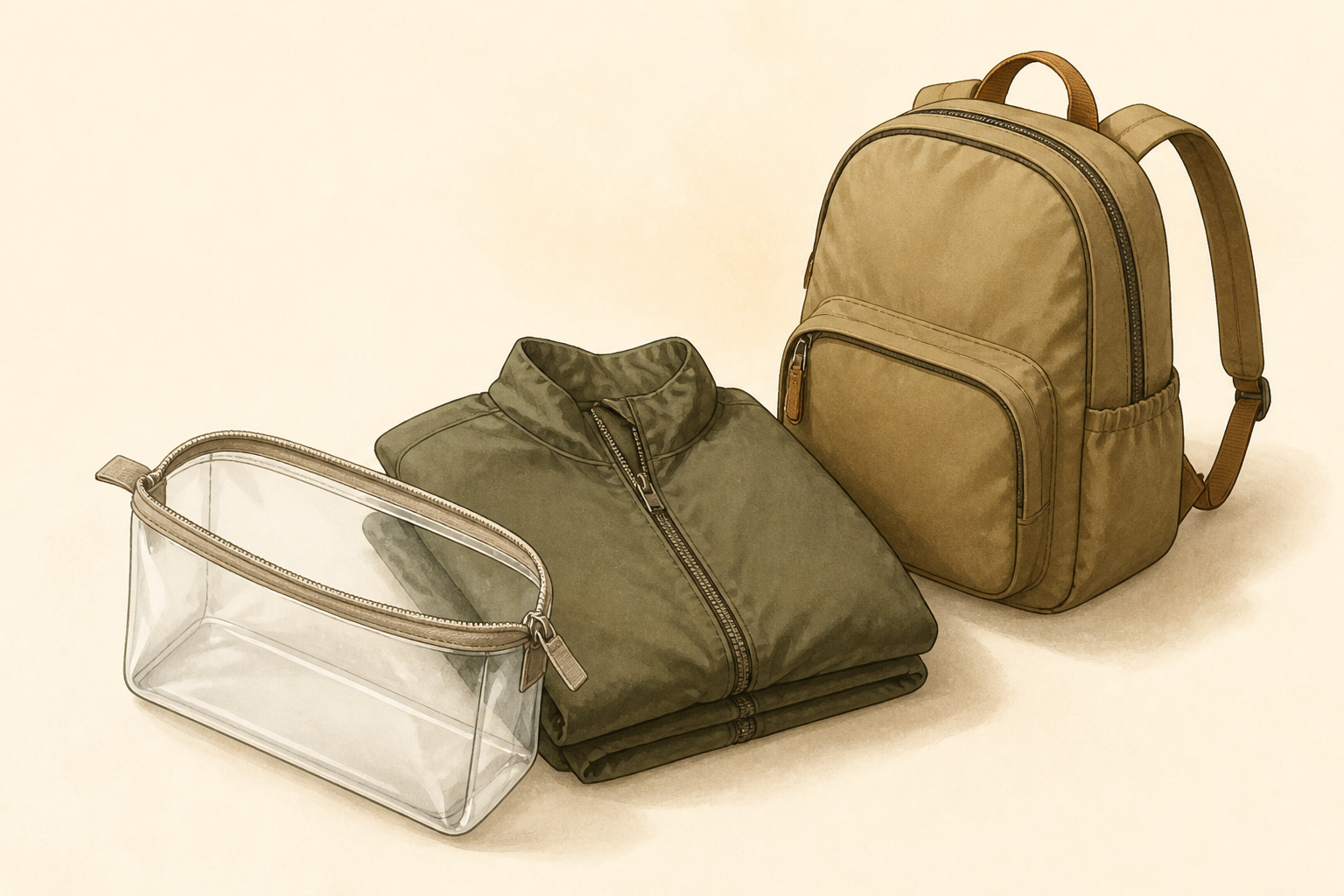 Illustration of a clear zip pouch next to a folded jacket and small backpack, pouch open and empty.