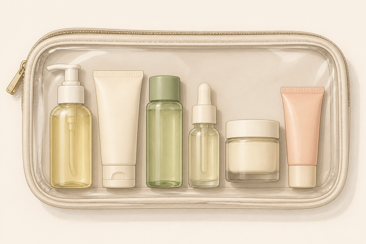 Top-down drawing of a clear pouch with six items laid inside in a neat row matching application order.