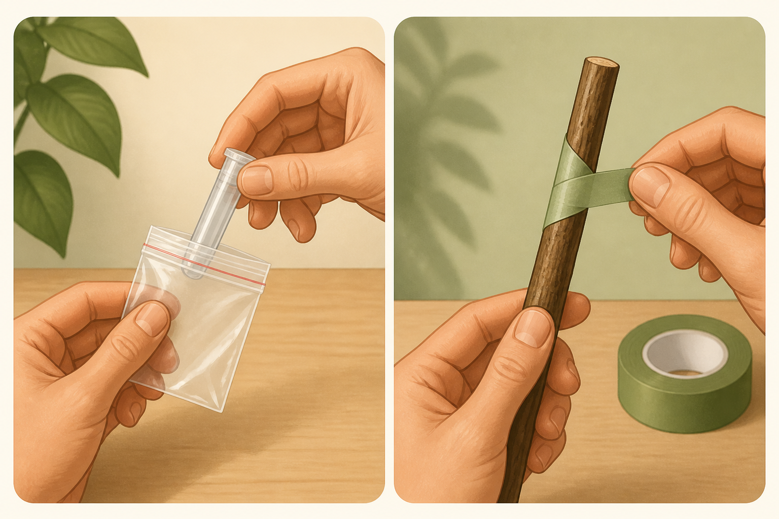 Drawing of a small tube being placed into a mini zip bag and a stick wrapped with a strip of tape.