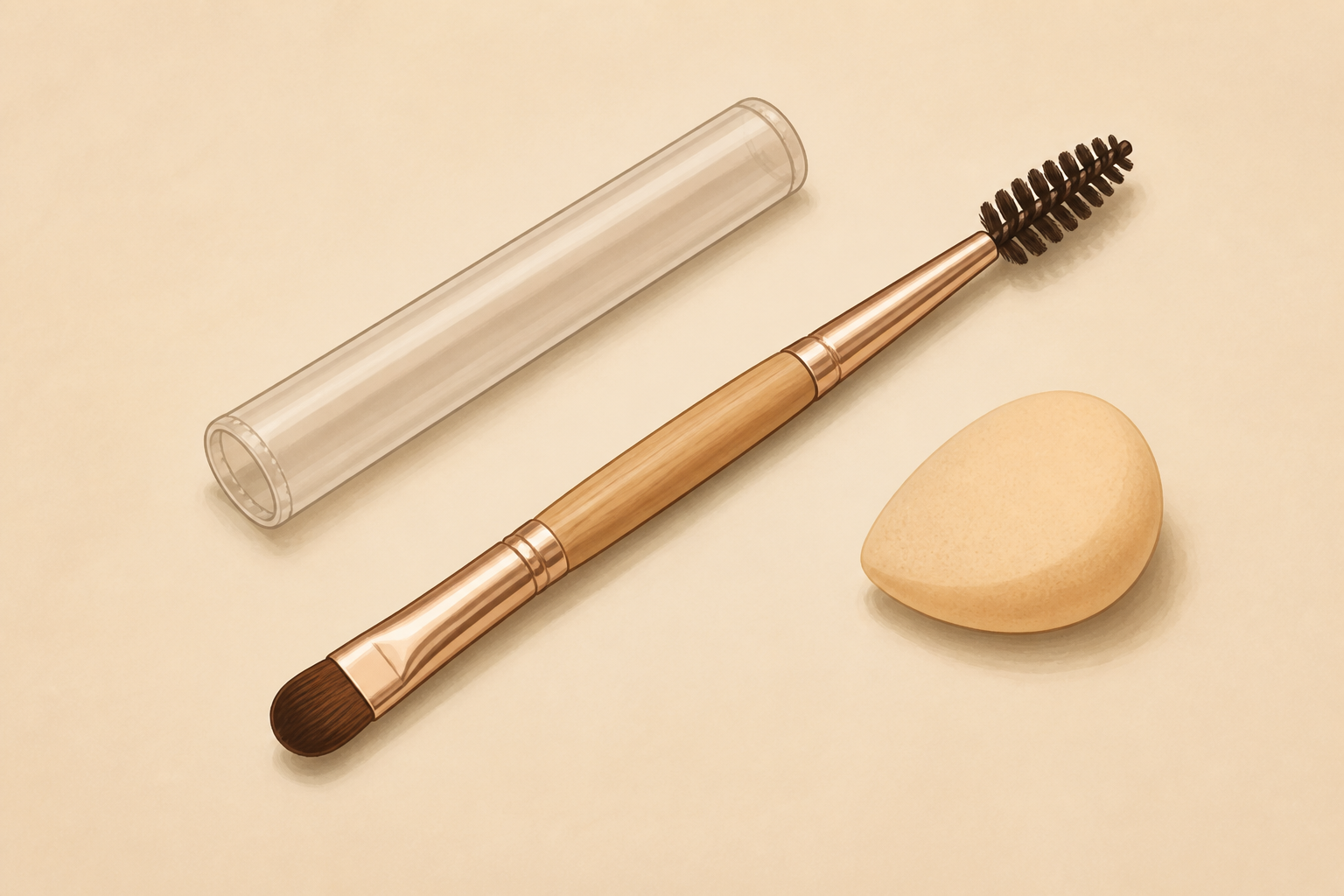 Illustration of a dual-ended mini brush with a protective sleeve beside a small sponge.