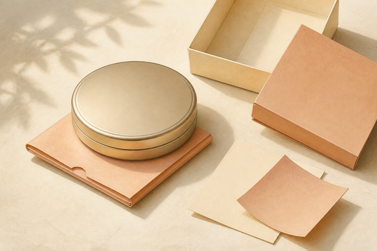 Illustration of a powder tin with blotting papers tucked underneath and removed boxes to the side.