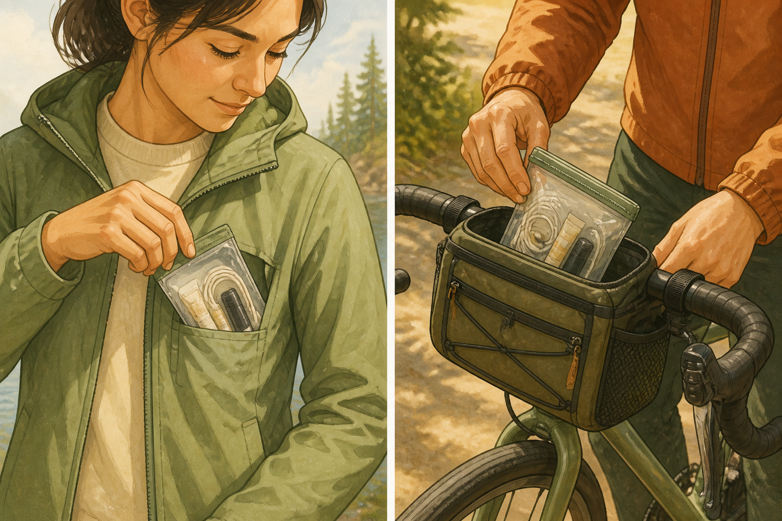 Illustration of a clear pouch tucked into a jacket pocket and placed in a bike handlebar bag.