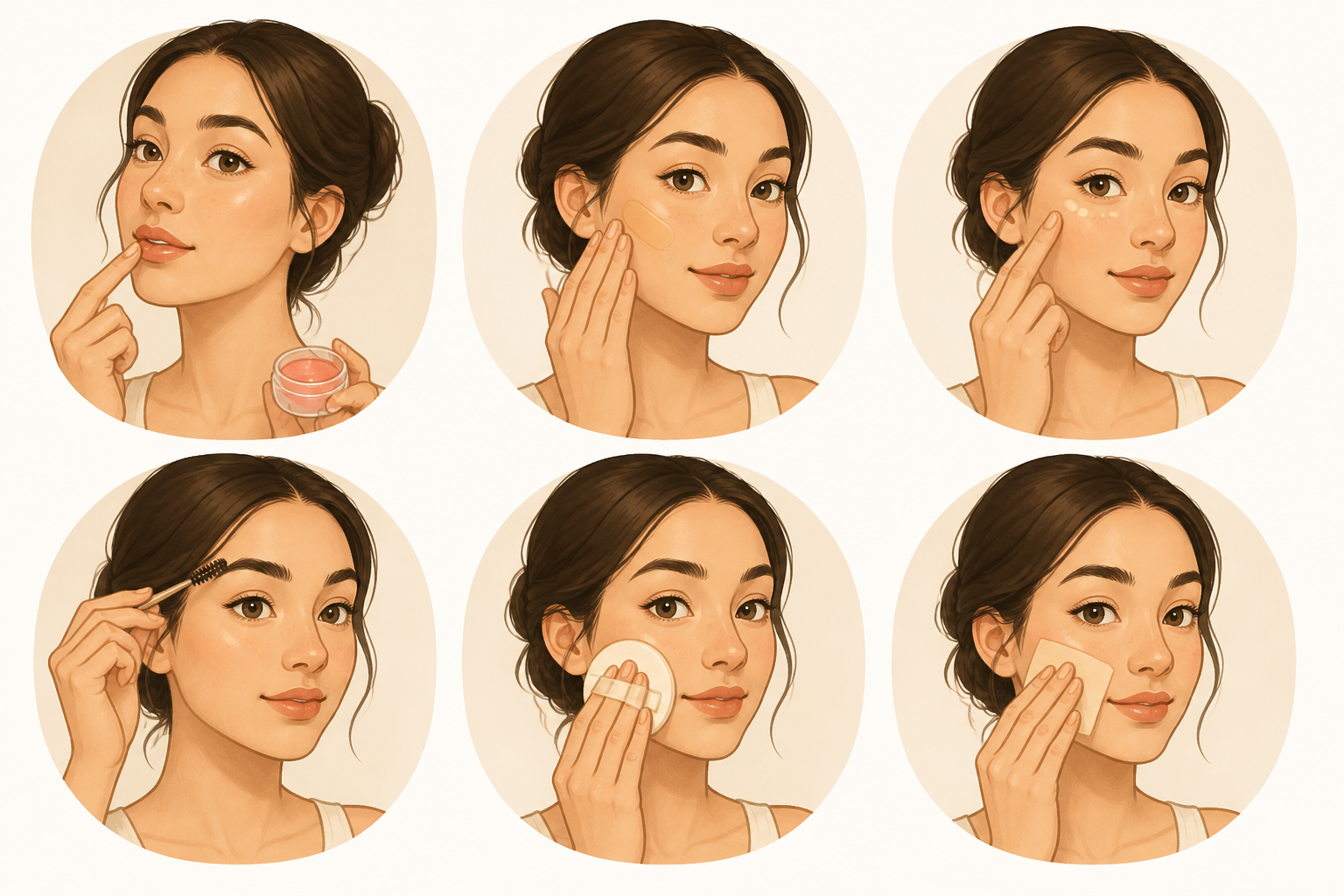 Sequential illustration of six small scenes showing balm, tinted moisturizer, concealer, brow brushing, powder, and blotting papers.