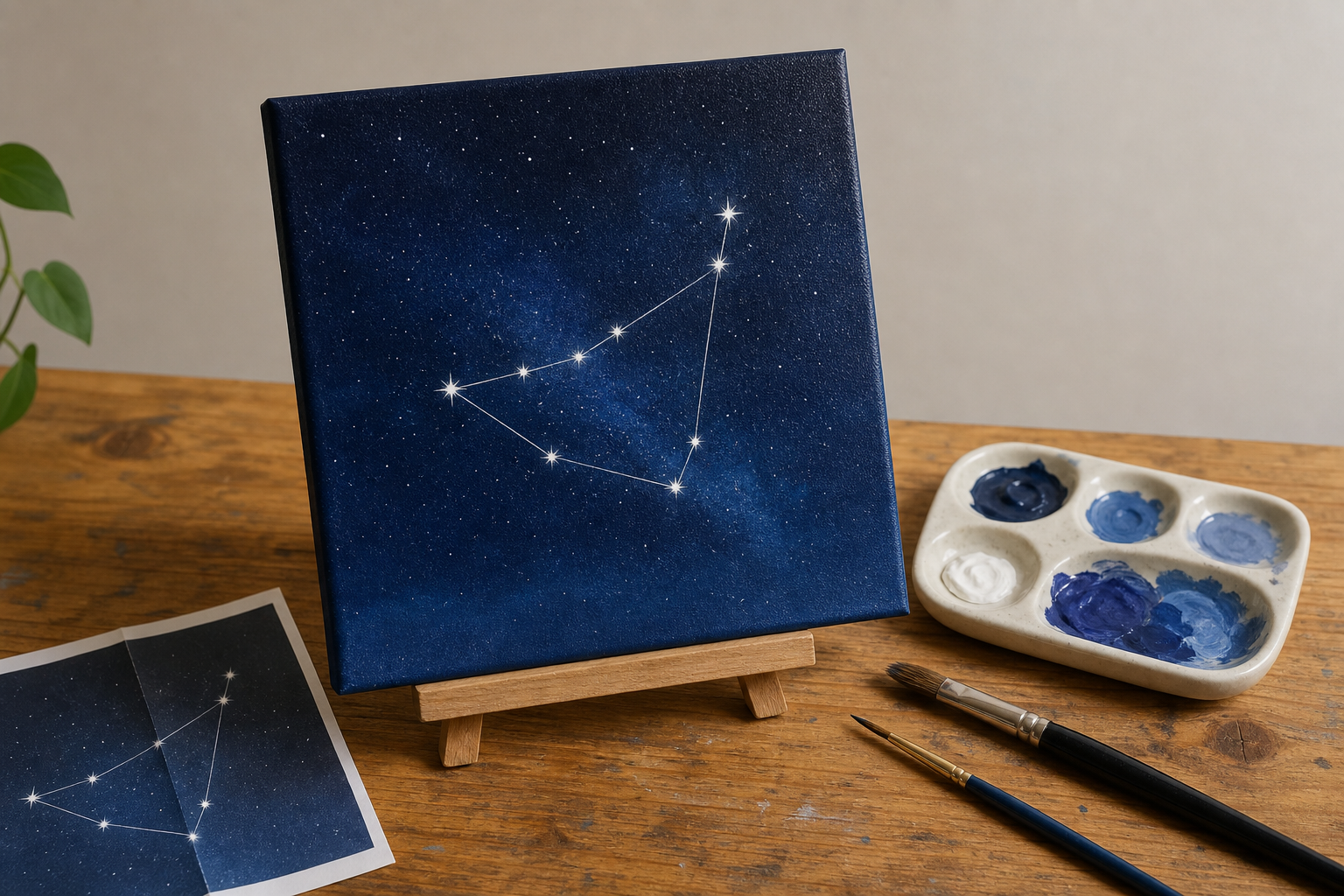 Finished 6×6-inch canvas showing a dark blue night sky with white stars arranged in the Capricorn constellation, beside brushes and a small palette on a table.