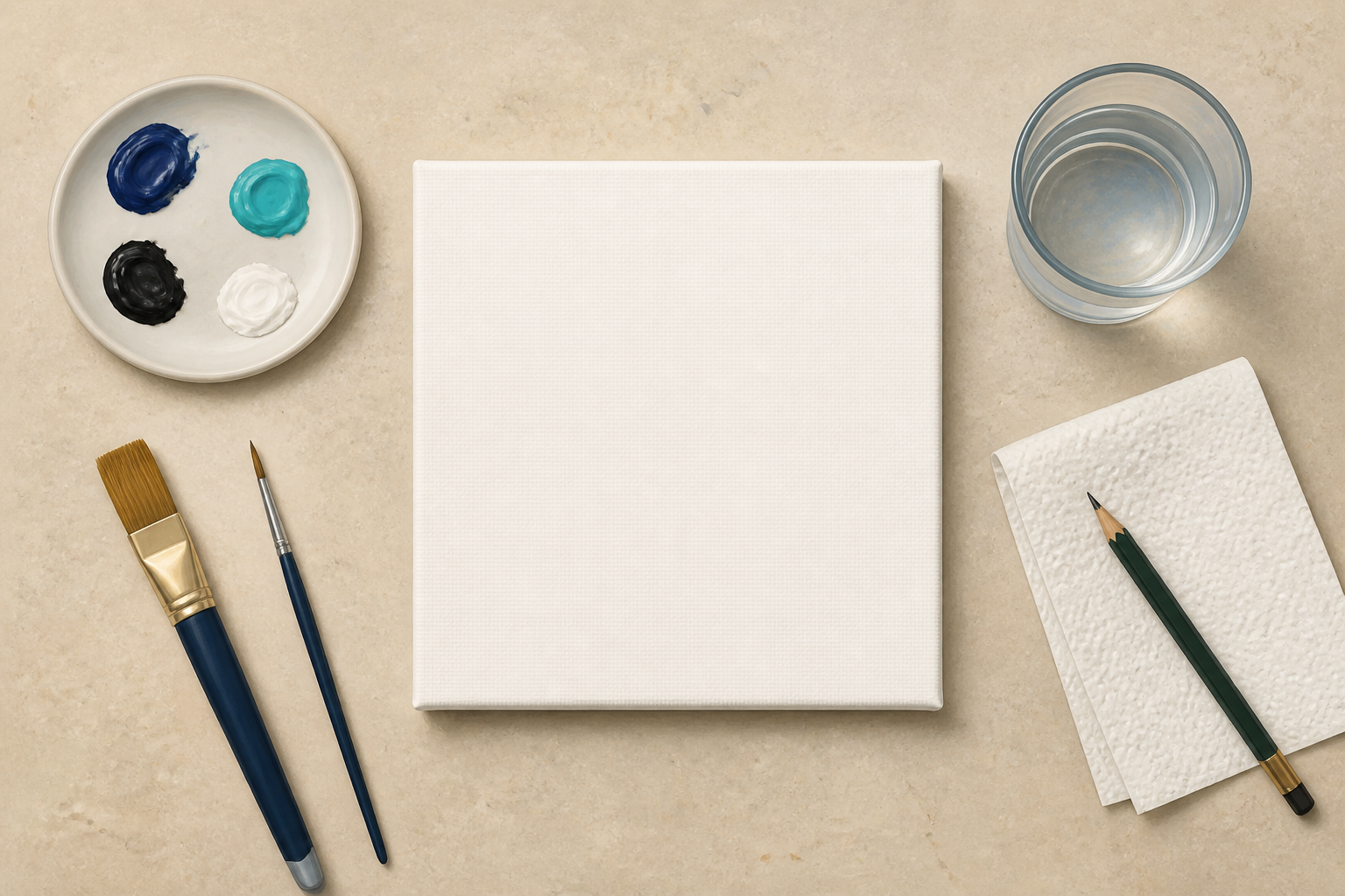 Workspace with a blank 6×6 canvas, palette of blue and white paints, flat and detail brushes, water cup, paper towel, and a pencil.