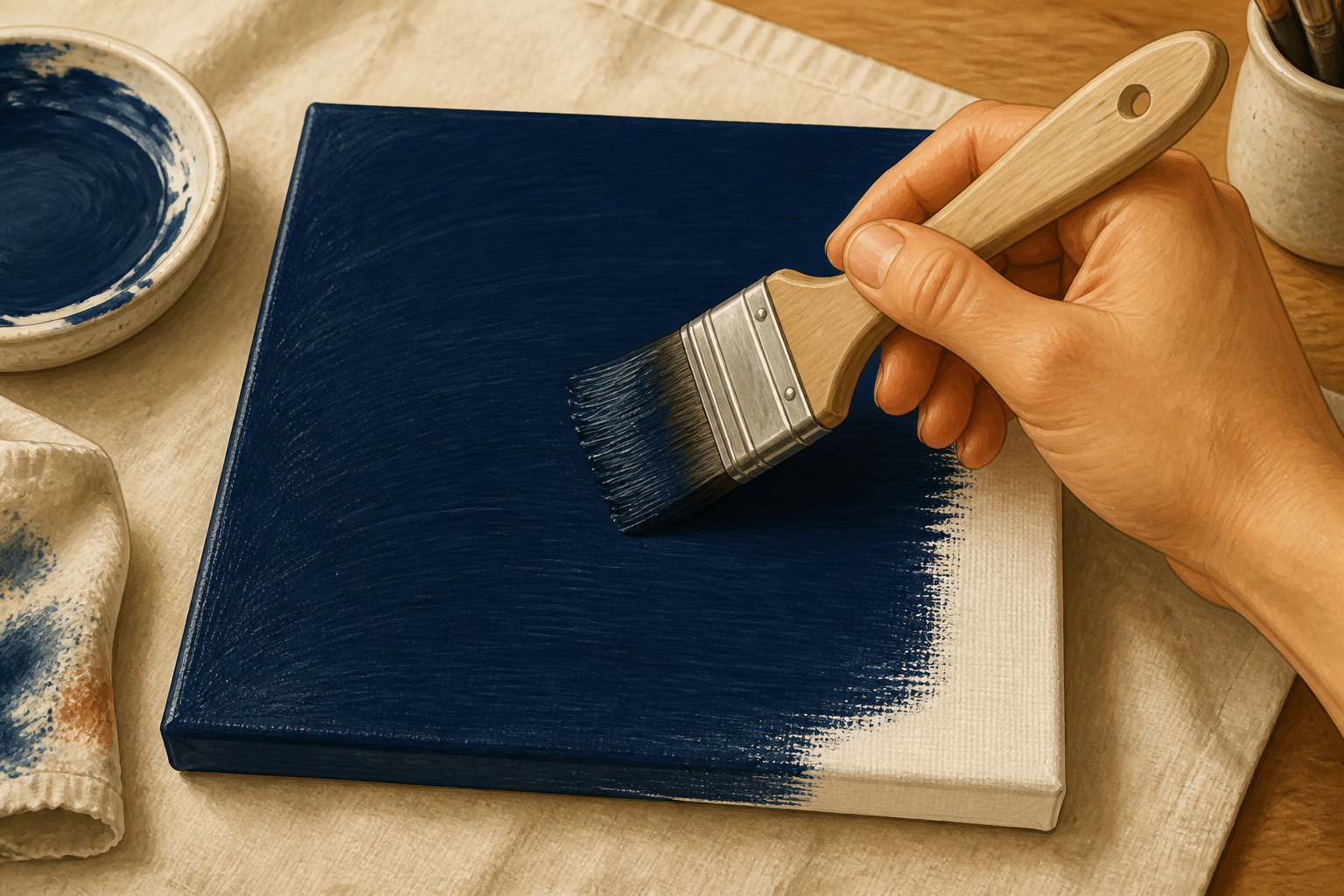 Hand painting a dark navy base coat onto a 6×6 canvas with a flat brush.