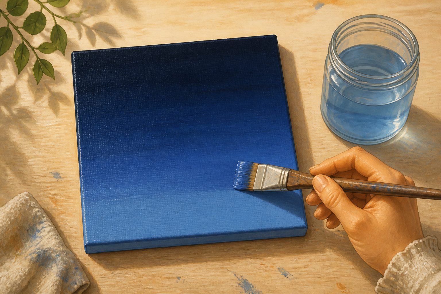 Small canvas with blended night-sky gradient from dark navy to lighter blue, flat brush resting on edge.