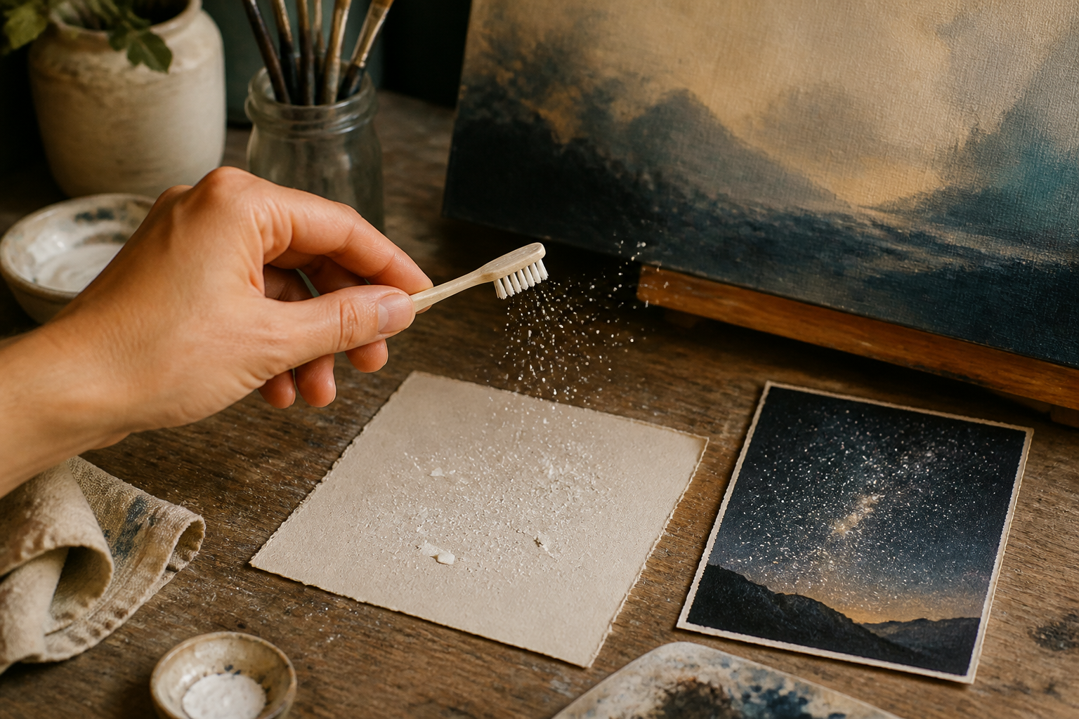Demonstration of paint splatter technique: a toothbrush flicking white paint onto scrap paper, test speckled stars visible.