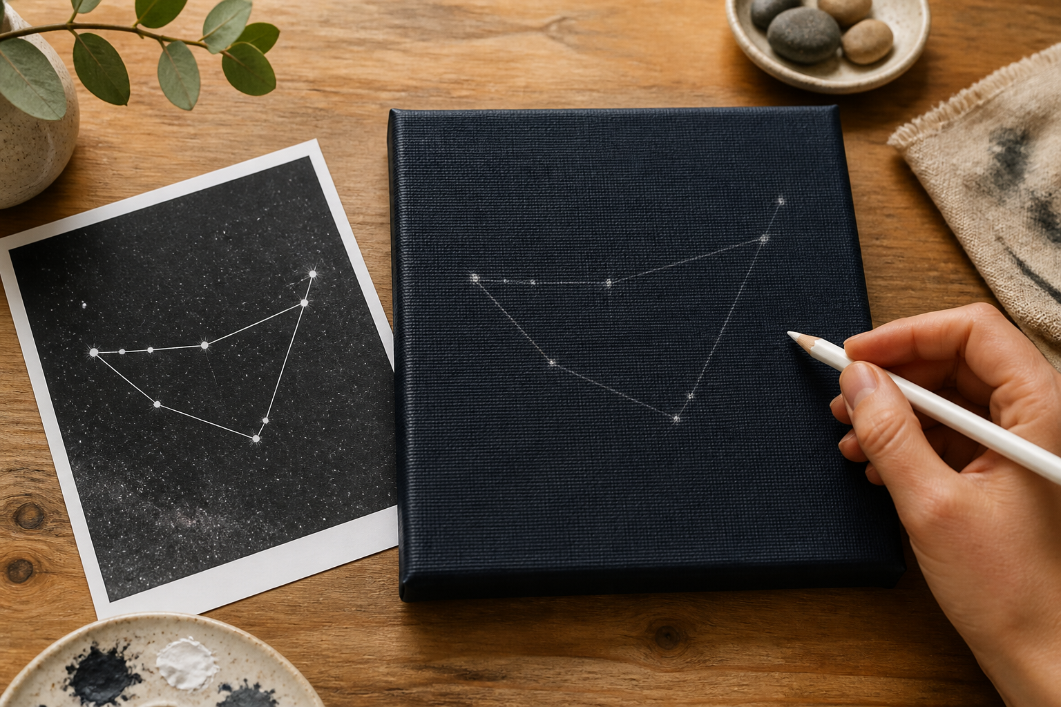 Canvas with faint marks for star positions and a printed reference image of the Capricorn constellation nearby.