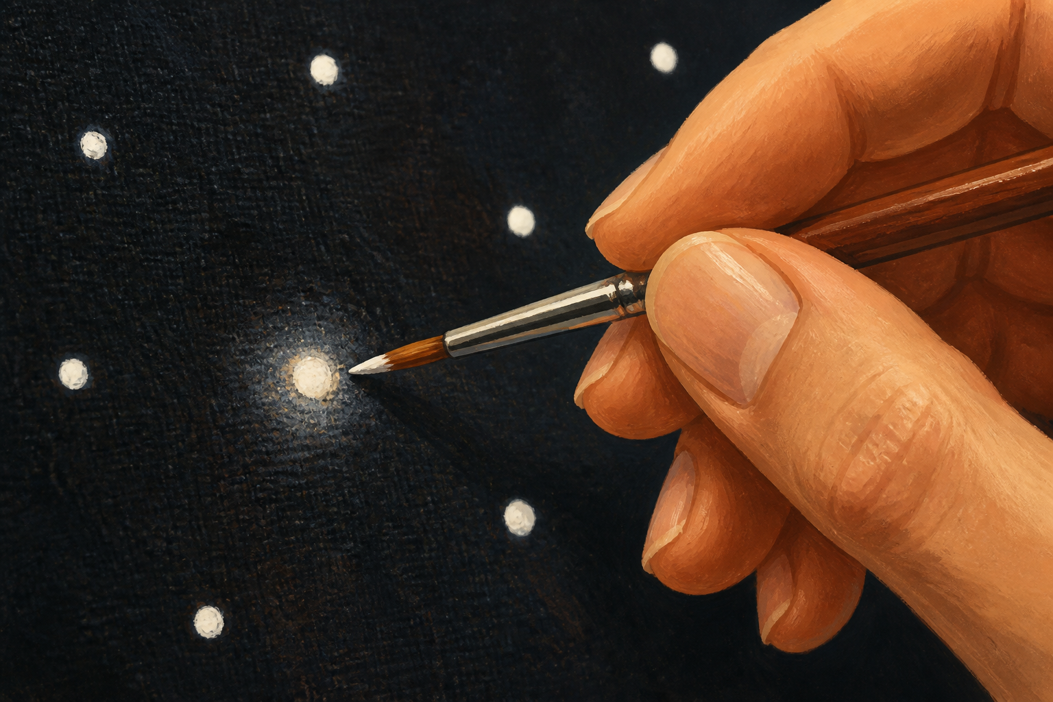 Hand painting white star dots on the dark canvas with a fine round brush, one star showing a subtle halo.