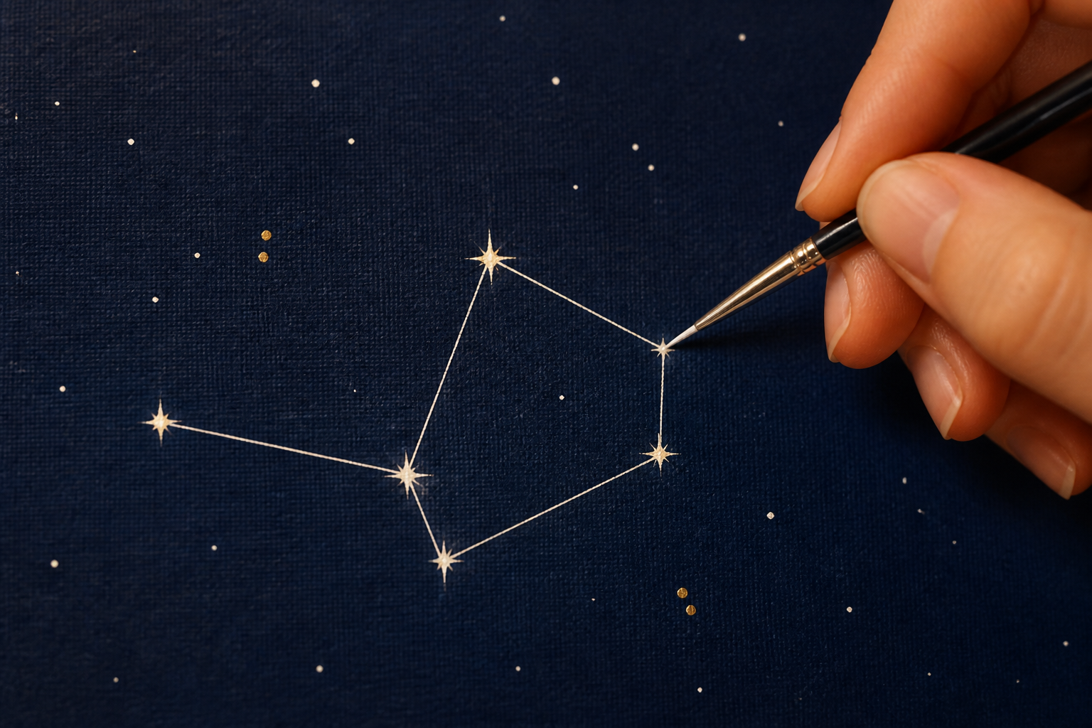 Fine brush painting thin white lines linking stars to form the Capricorn constellation on the canvas.