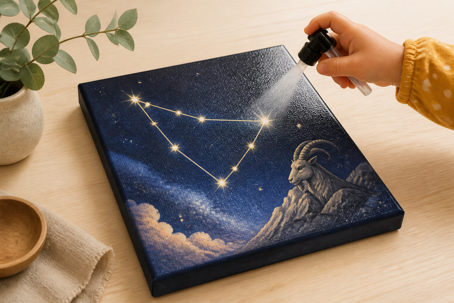 Final varnishing of the 6×6 Capricorn constellation painting, showing a subtle sheen on the finished surface.
