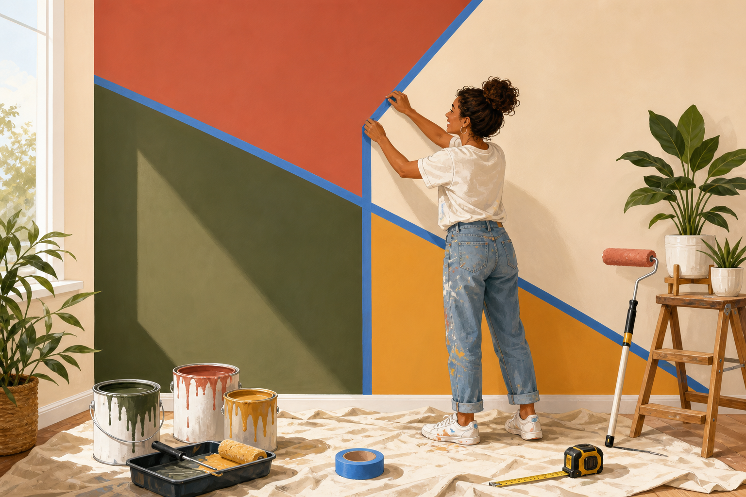 Illustration of someone applying painter's tape and rolling paint on a geometric color-block accent wall with tools and paint cans on the floor.