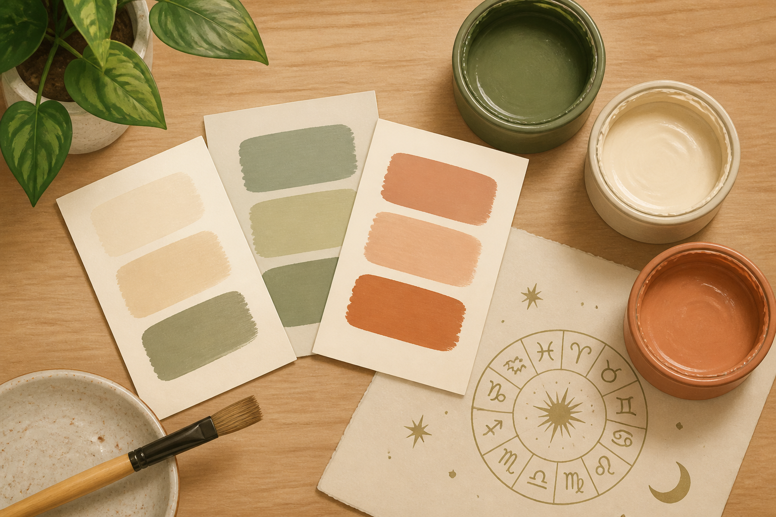 Paint samples fanned next to open sample pots and a small zodiac sketch.