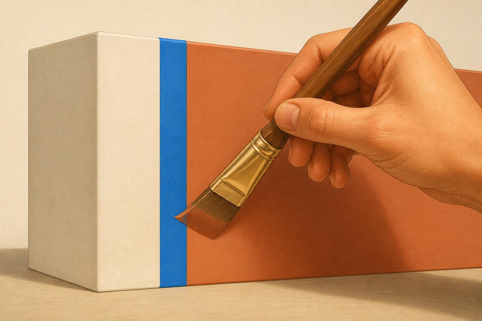 Hand using an angled brush to cut in paint along a taped edge moving inward from the tape.