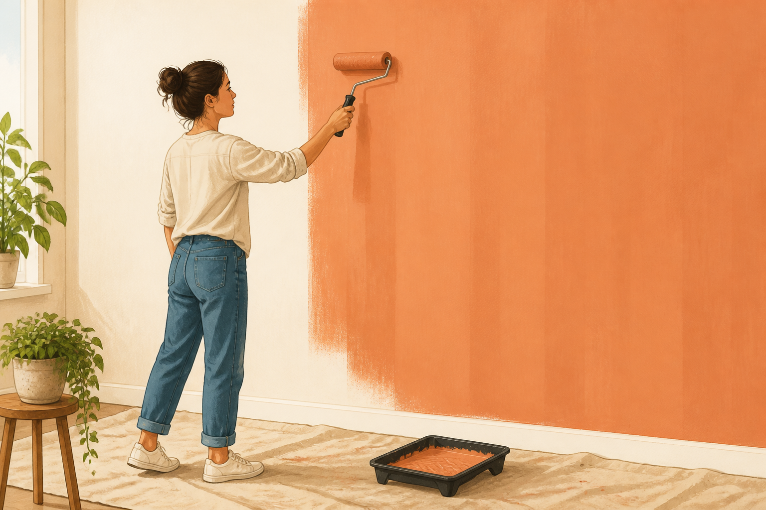 Person rolling paint across a large color-block area with a roller and tray beside them.