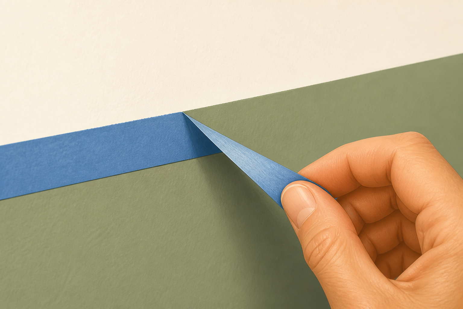 Hand pulling painter's tape back at a 45-degree angle to reveal a crisp paint edge.