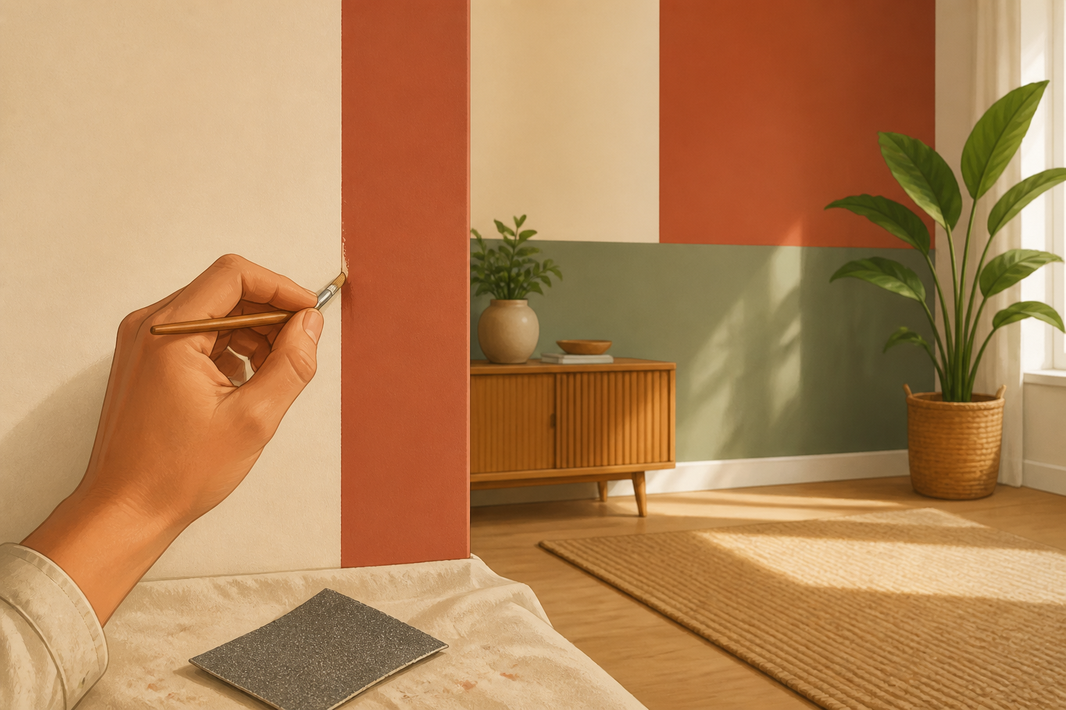 Artist brush touching up a small paint bleed and fine sandpaper beside a finished color-block wall.
