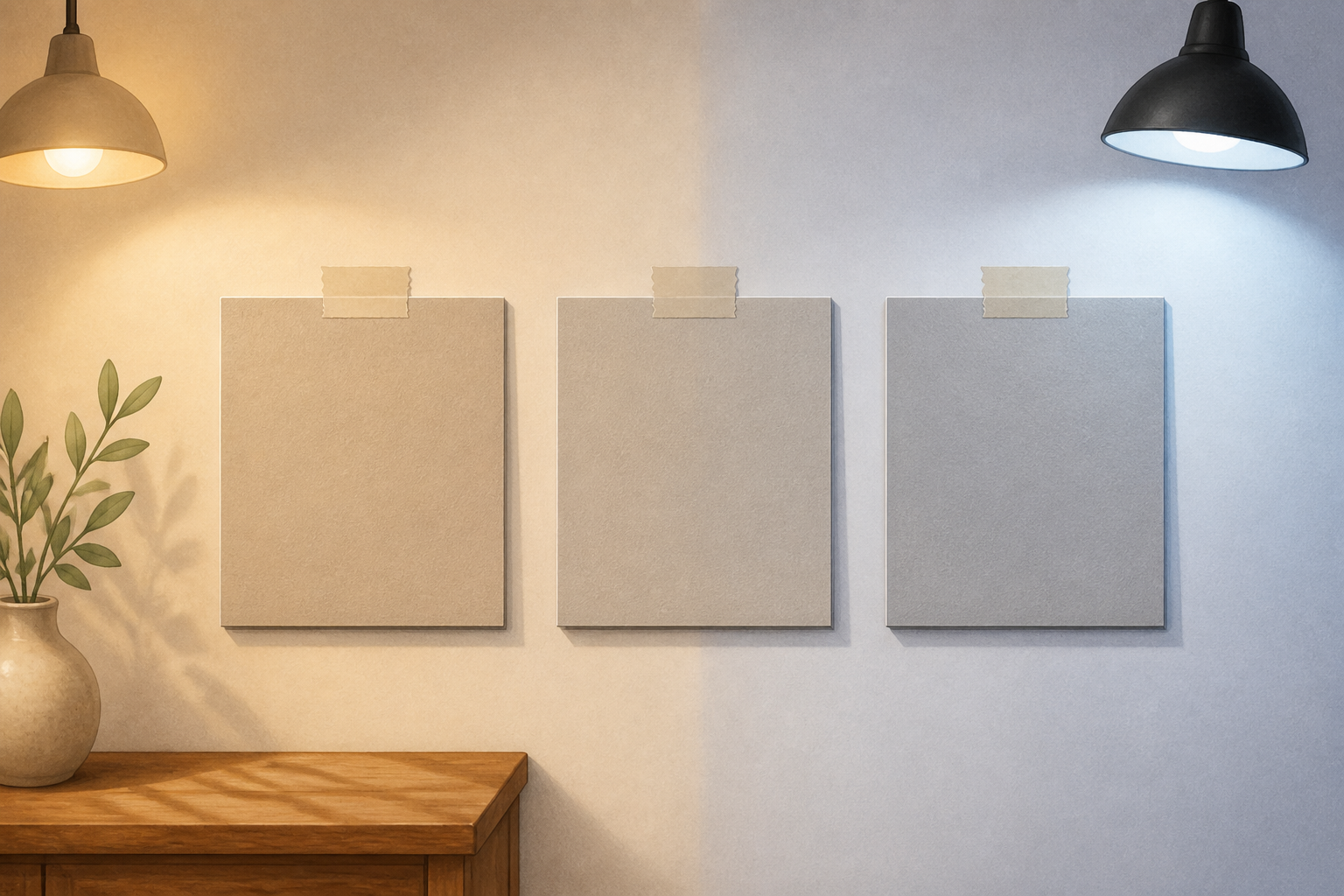 Three painted sample boards taped to a wall showing dried paint colors under different lighting.
