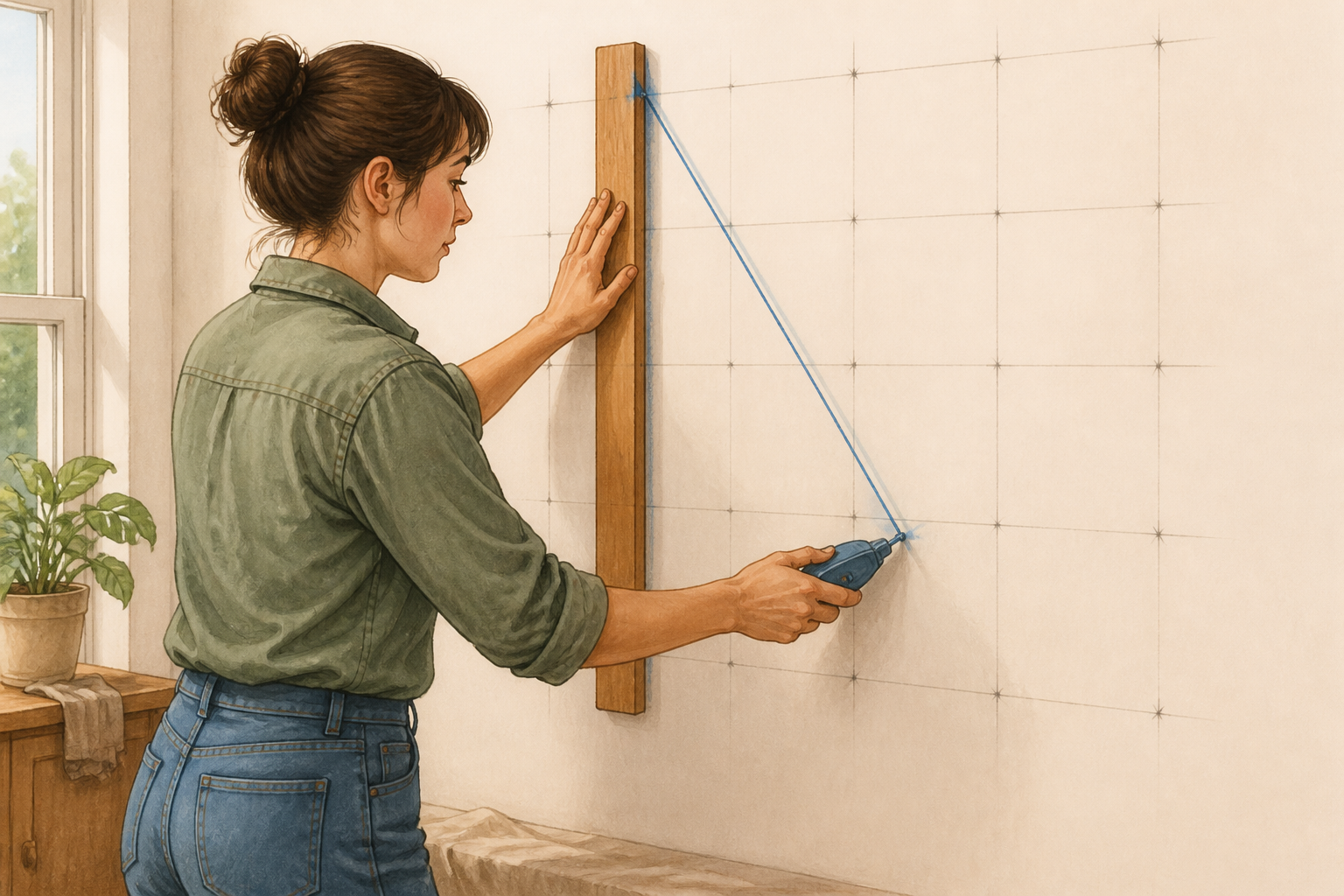 Person snapping a chalk line and drawing straight pencil guidelines on a wall grid.