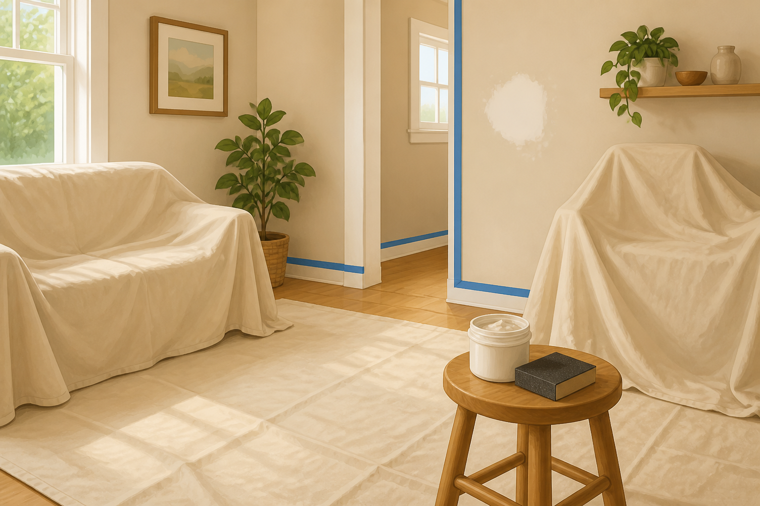 Room prepared with drop cloths, tape on trim, spackle and sanding block ready on a stool.