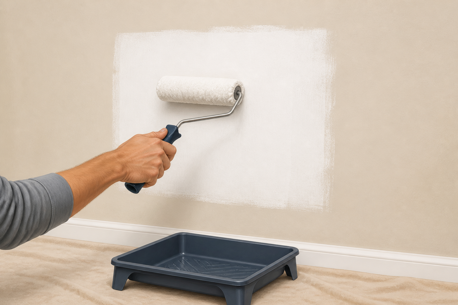 Hand rolling primer onto a patched area of wall with a roller and tray.