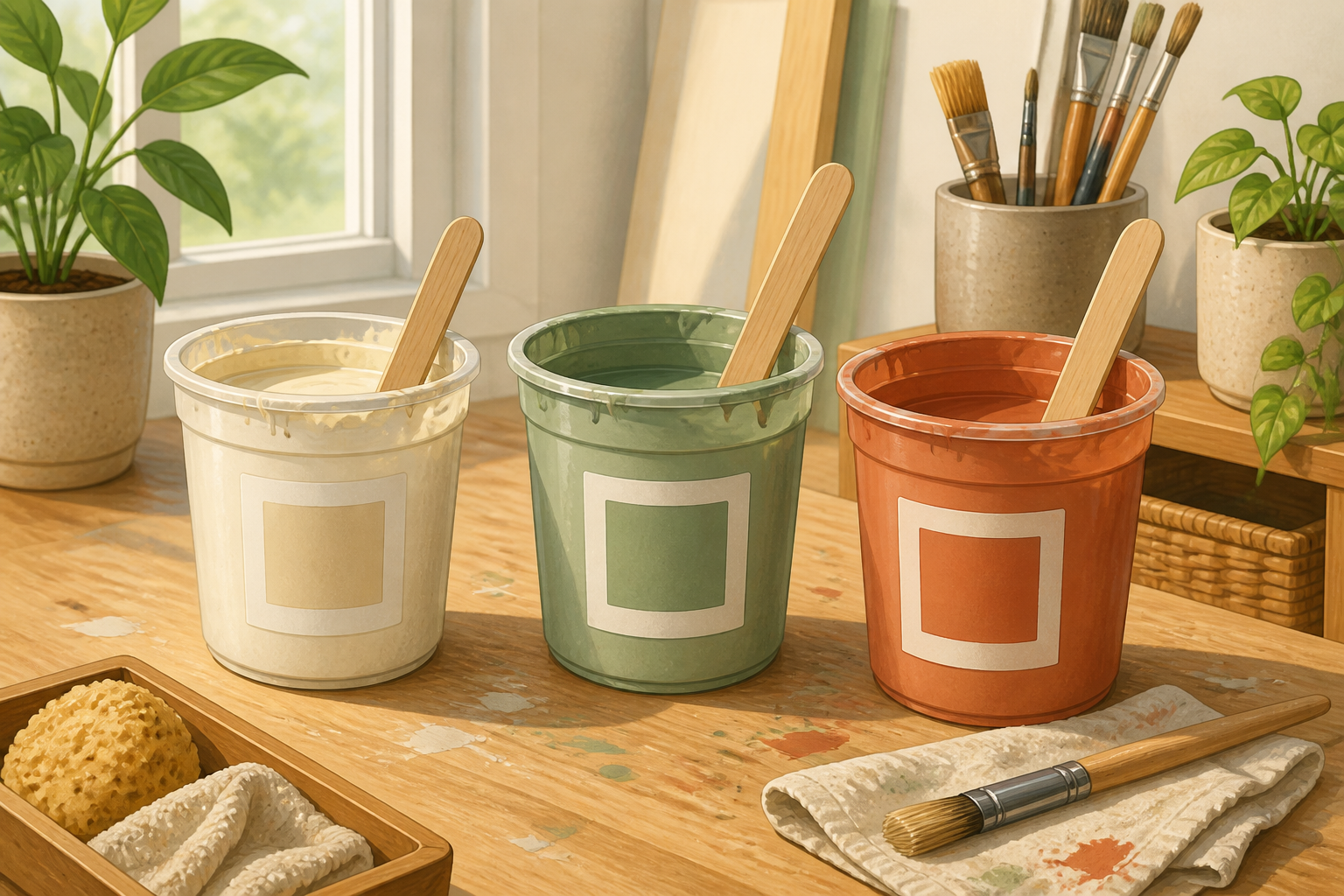 Three small paint containers labeled and ready with stir sticks and a brush.