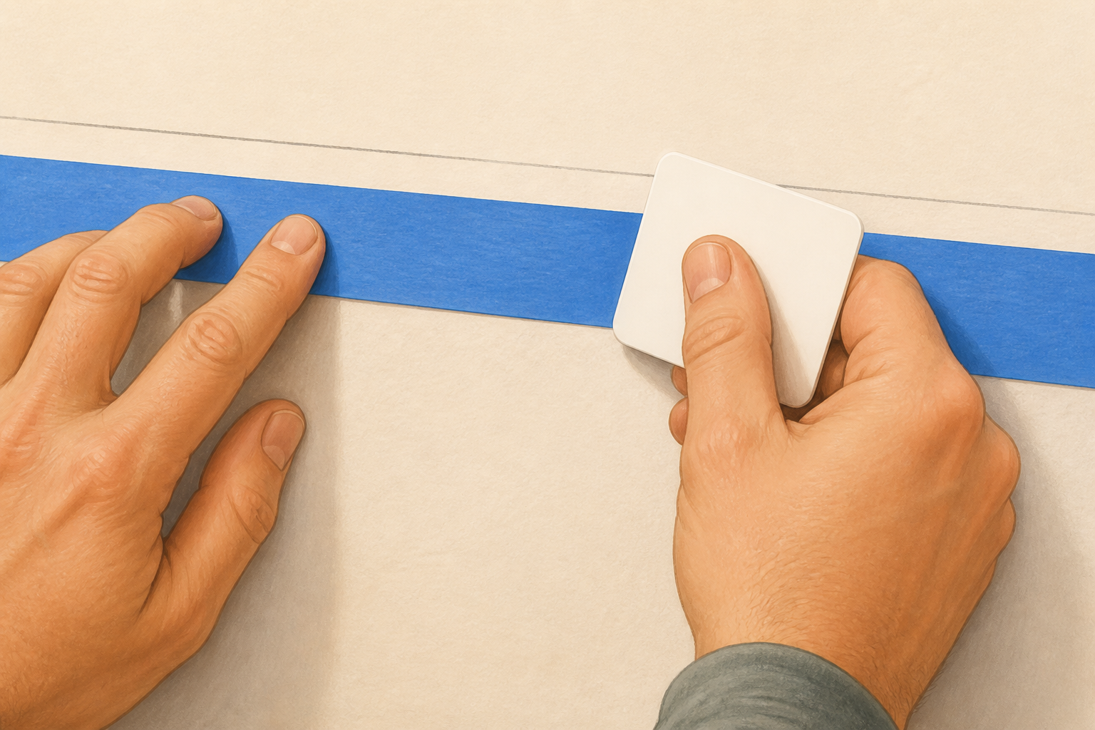 Hands applying painter's tape along a pencil line and pressing it down with a plastic card.
