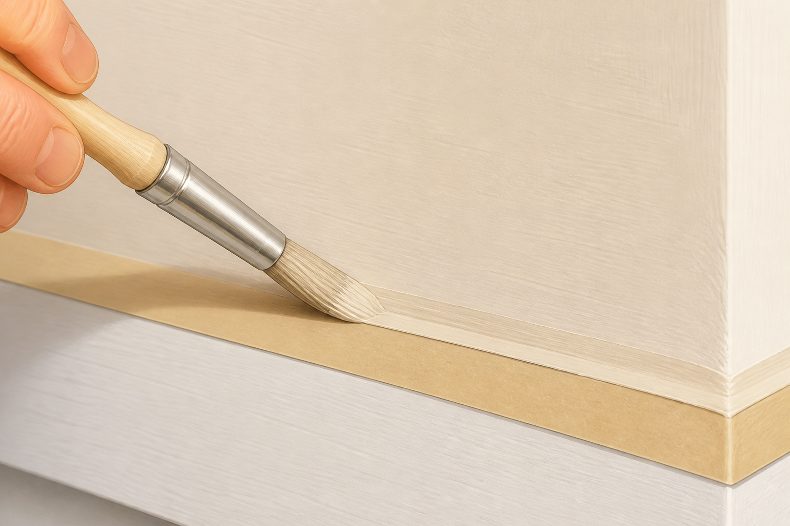 Close-up of brush applying a thin coat of base color along a taped edge to seal it.