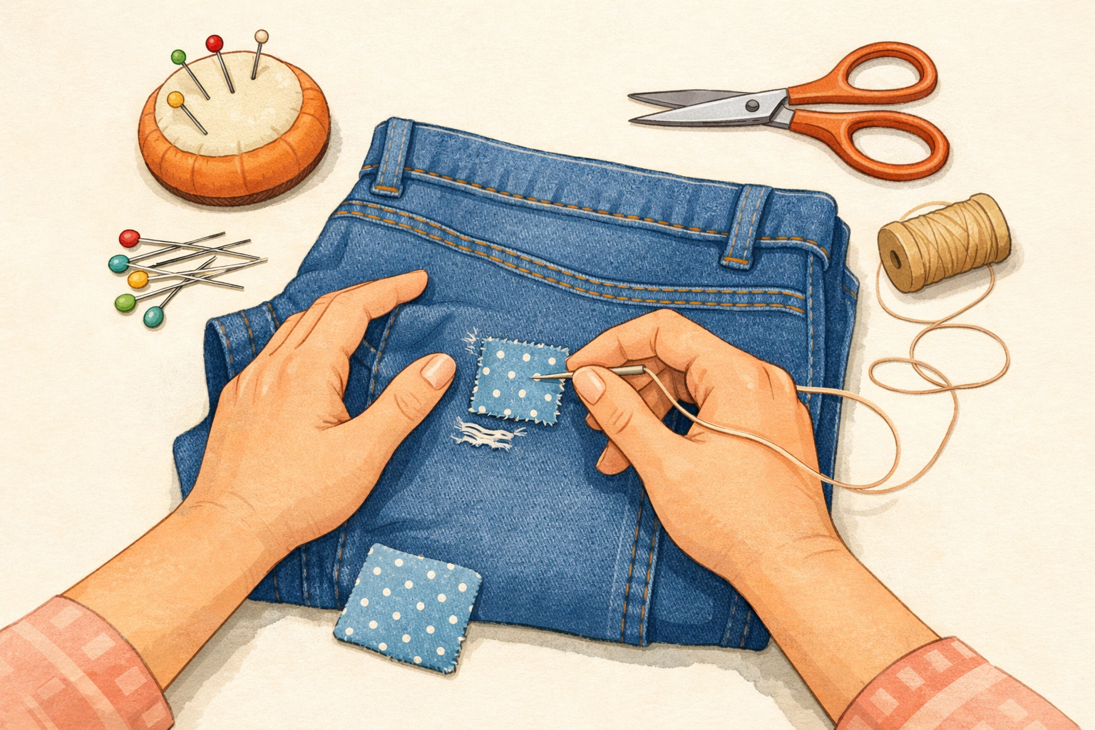 Hands hand‑sewing a small fabric patch onto a pair of blue jeans laid flat on a table.