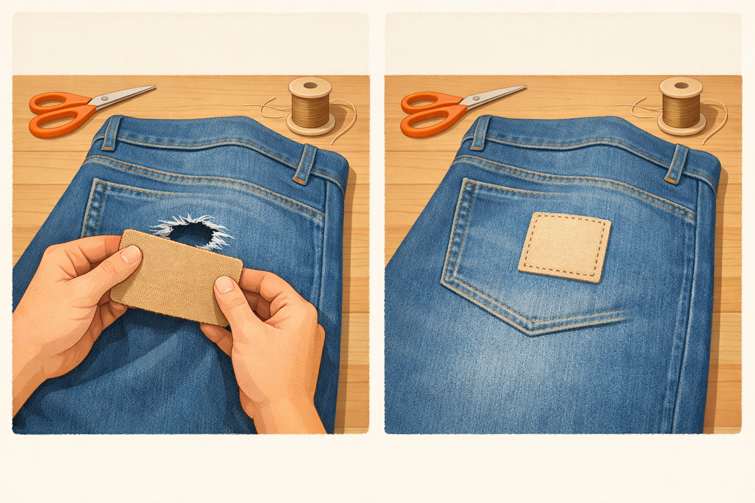 Jeans with a small hole shown two ways: a patch behind the hole and a patch on top.