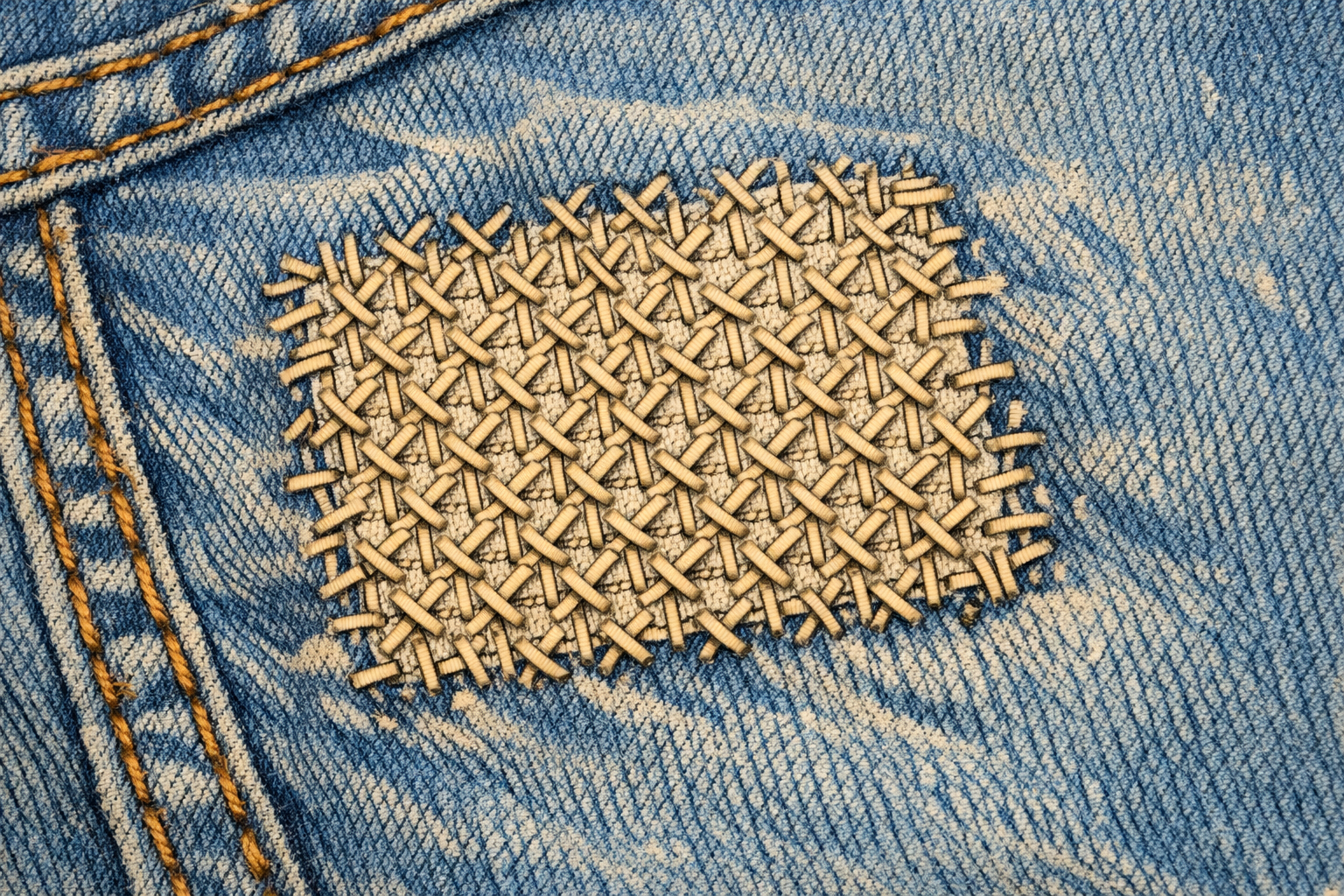 Small crosshatch of stitches reinforcing the patched section of jeans.