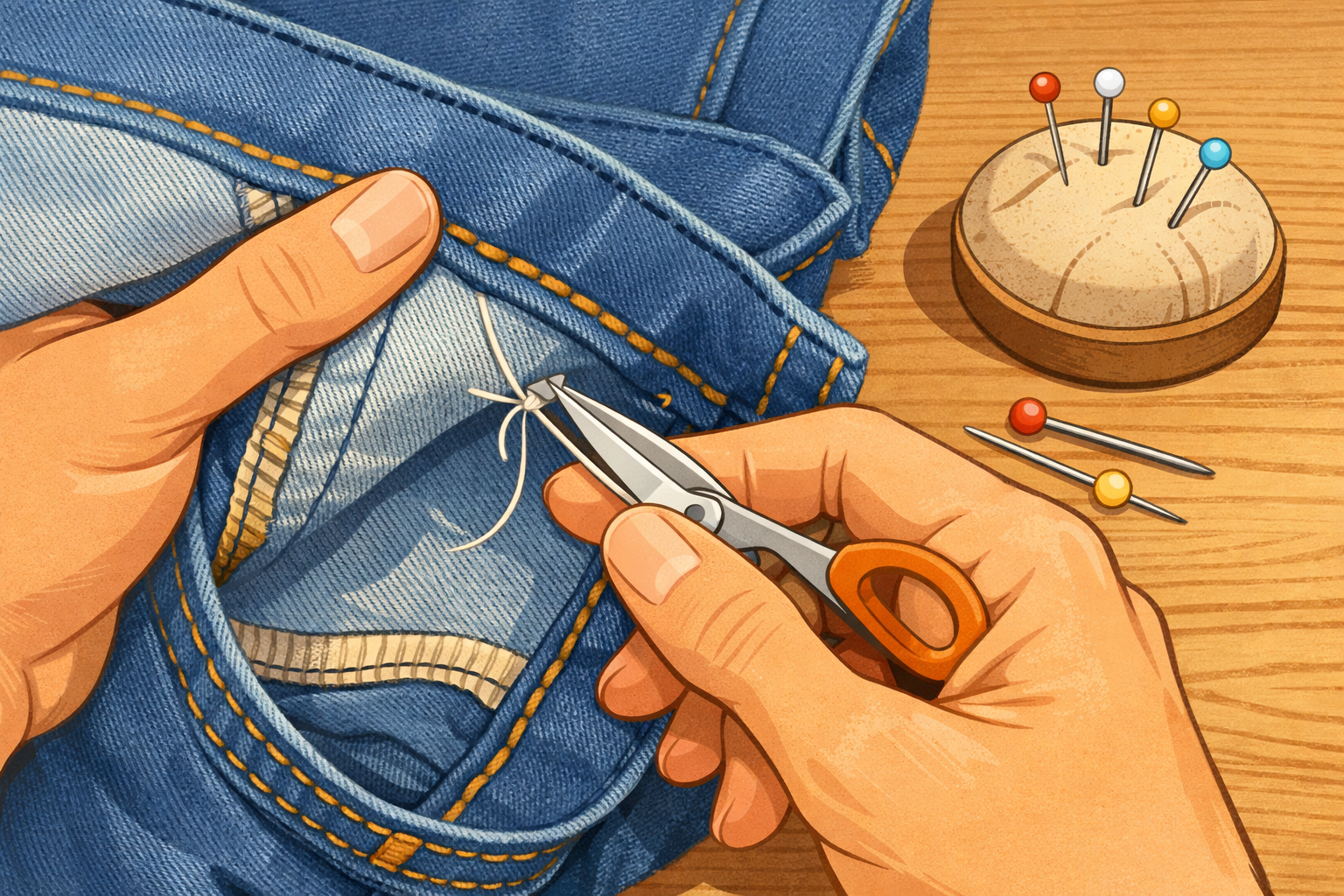 Hands knotting and trimming thread on the inside of patched jeans.
