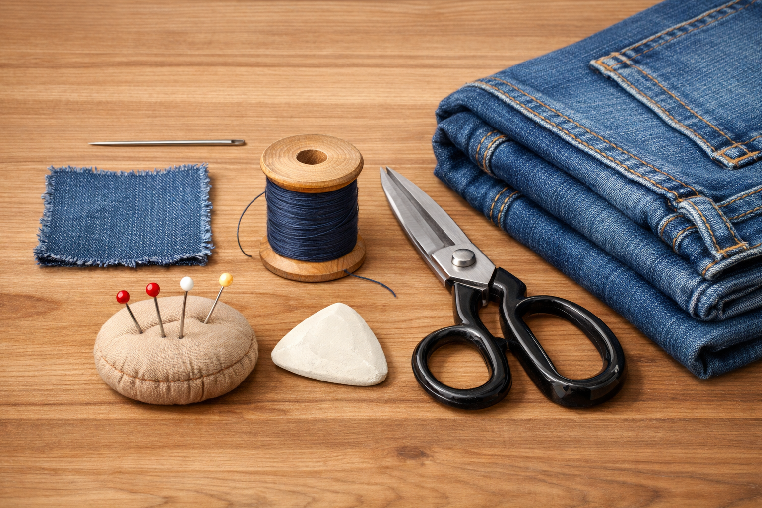 Basic hand‑sewing tools and a denim scrap laid out next to a pair of jeans.