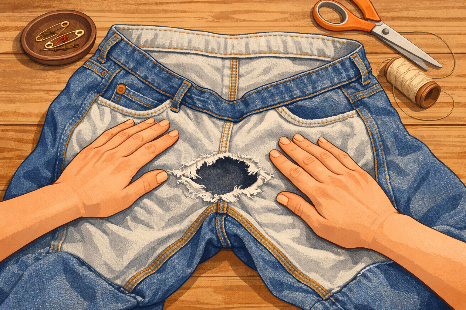 Hands turning jeans inside out and smoothing the area around a small hole.