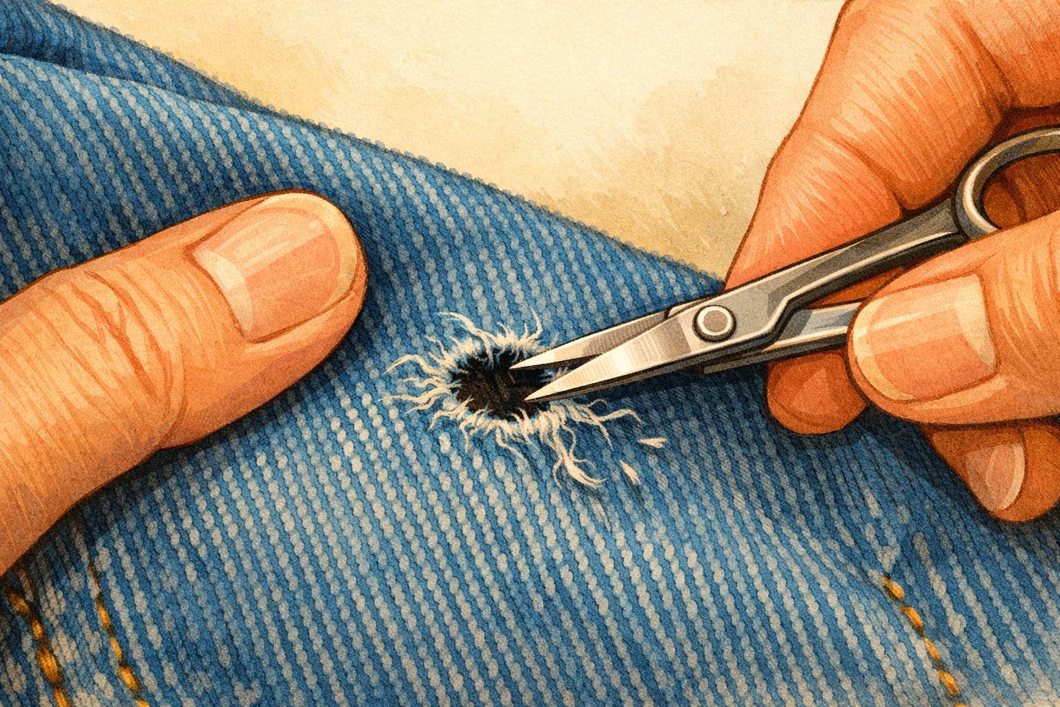 Scissors trimming frayed threads around a small hole in jeans.
