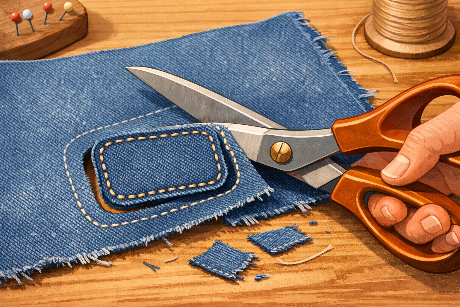 Hands cutting a small fabric patch with rounded corners from denim scrap.