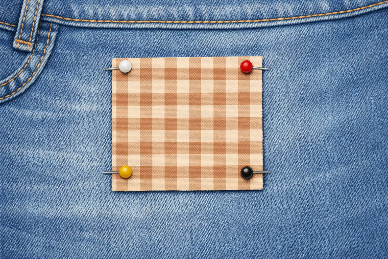 A small patch aligned with the hole in jeans and secured with pins.