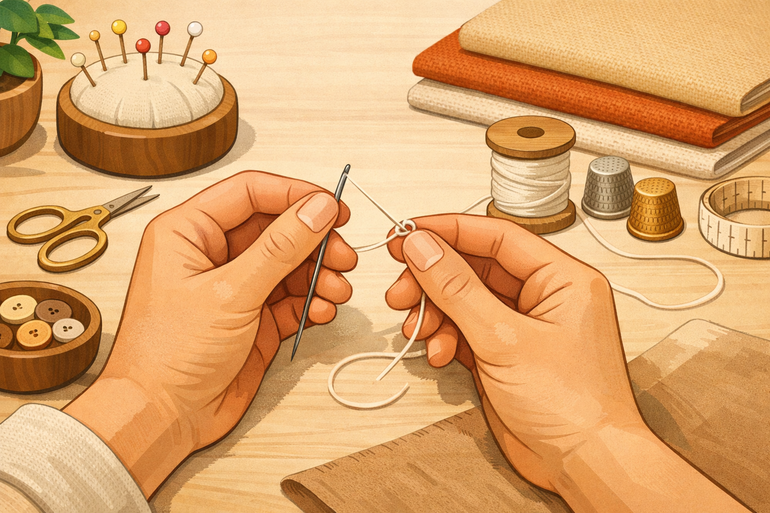 Hands threading a sewing needle and tying a knot in the thread.