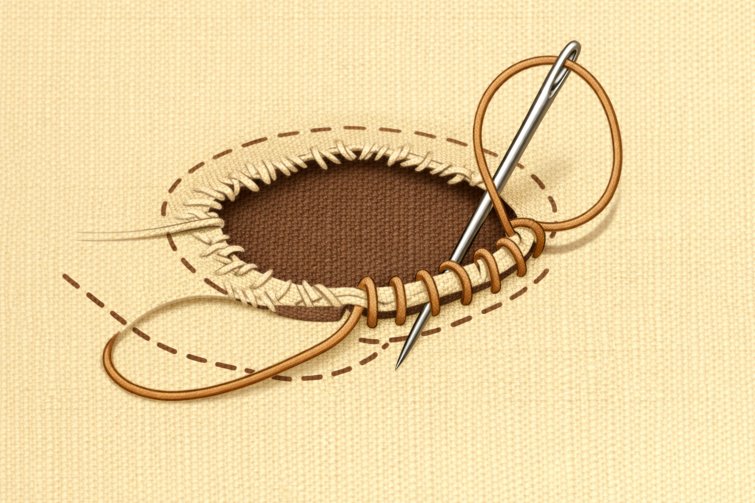 Needle and thread making small whipstitches around the hole edge to catch the patch.