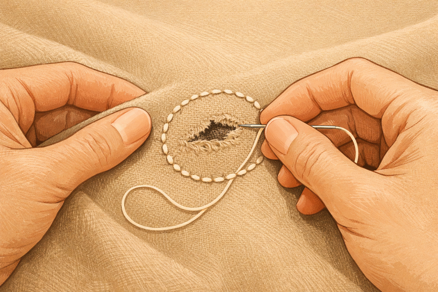 Even stitches forming a neat ring around the hole as the patch is sewn in place.
