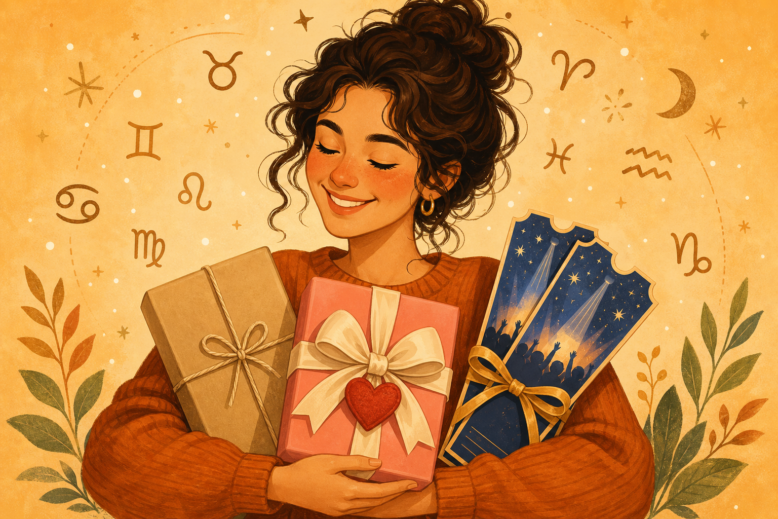 Person cheerfully holding three differently styled gifts—practical, sentimental, and experience—against a warm background with small zodiac symbols.