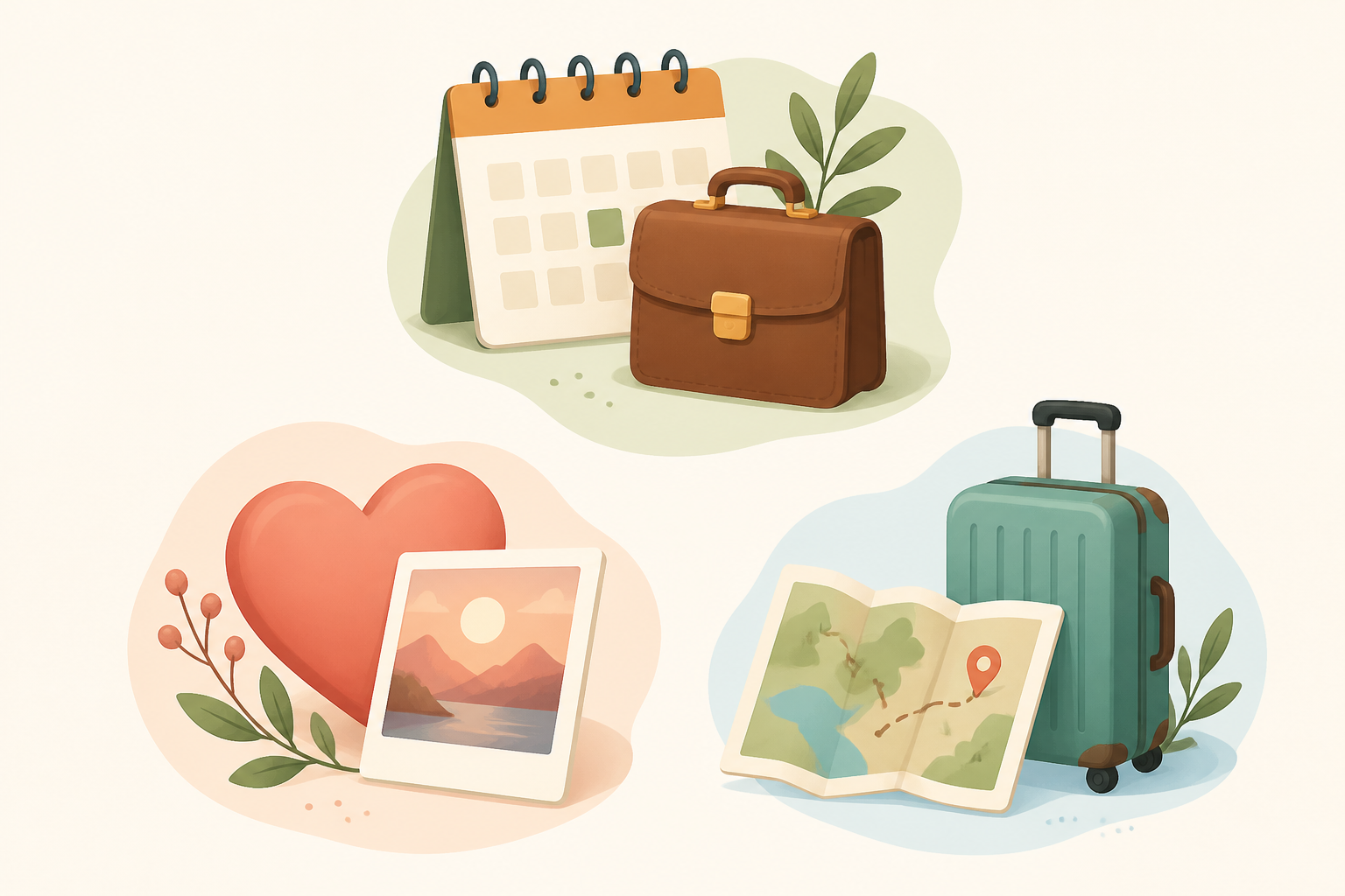 Three icons arranged in a triangle representing practical (calendar/briefcase), sentimental (heart/photo), and experience (suitcase/map).
